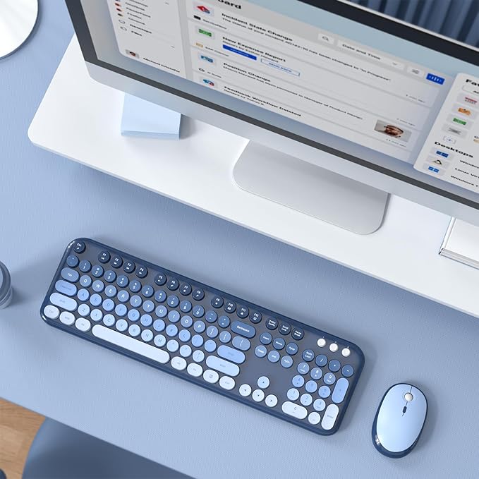 MOFII Wireless Keyboard and Mouse Combo, Full Size 2.4G Retro Round Computer Keyboard and Mouse Set, Plug and Play, for Windows, Computer, Desktop, PC, Notebook - (Sea Blue Gradient)