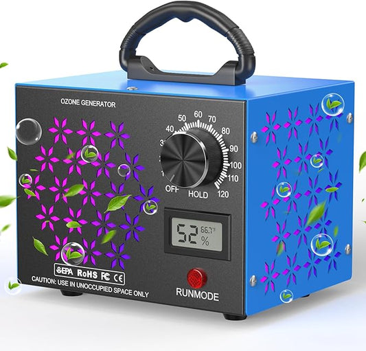 120,000mg/h Ozone Generator Machine with Temp/Humidity Display, Triple Side Vents for Enhanced Airflow - Faster & Wider Ozone Odor Eliminator Air Purifier for Home Car Pets, Up to 6000 Sqft, Blue