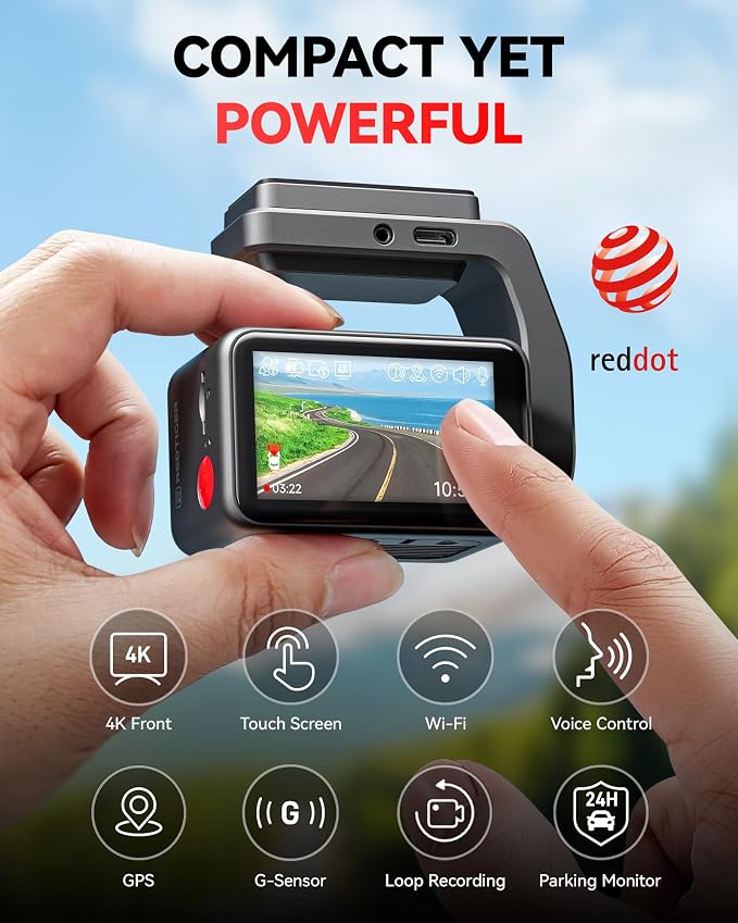 REDTIGER F4 4K Dash Cam Front, 2.2 inch Mini Car Camera, 2160P UHD Touch Screen, Voice Control, Night Vision, Built-in GPS, WiFi APP Control, Loop Recording, 24H Parking Monitor(No Card Included)