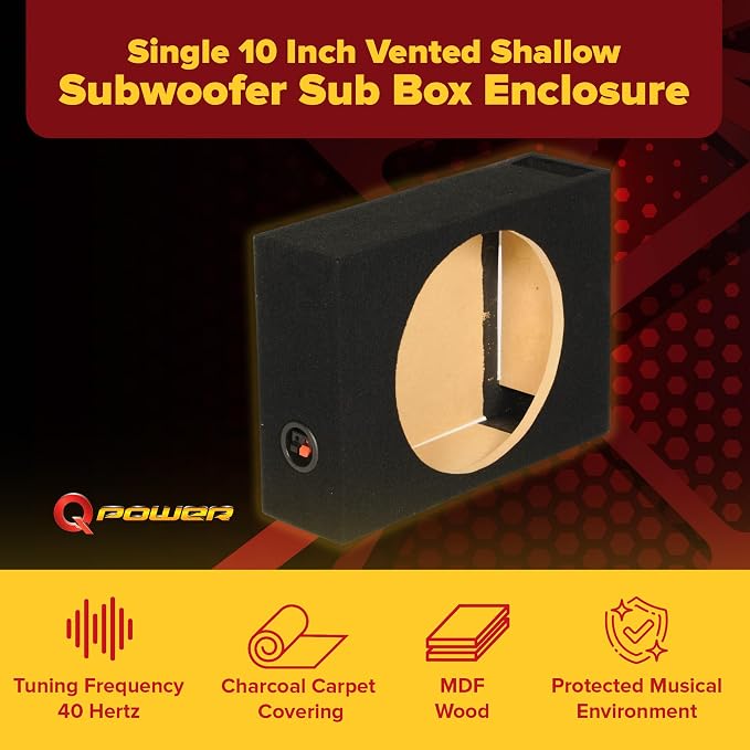 QPower Single 10-Inch Vented Subwoofer Box, Features 0.53 Cubic Feet of Airspace, Solid 5/8-Inch MDF Construction