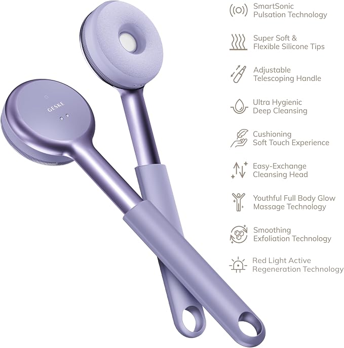 GESKE LED Sonic Full-Body Brush | 9 in 1 | Body Cleansing Brush & Intensive Exfoliator with LED | with SmartSonic Pulsations | Expert Deep Cleansing & Massage | Rough Skin Remover | Adjustable Handle