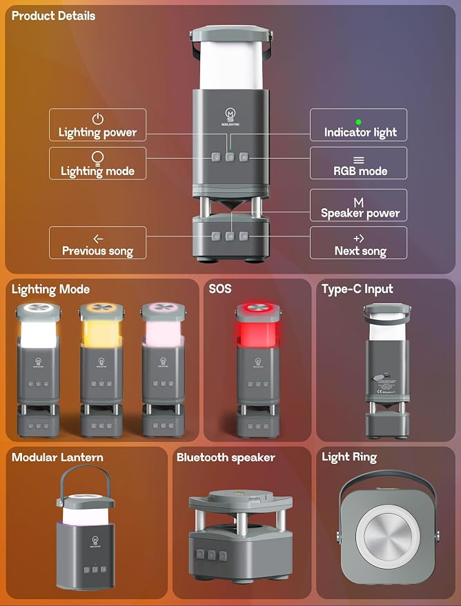 LED Camping Lantern Rechargeable, LED Lanterns with Bluetooth Speaker, RGB Camping Light, 10000mAh, 4 Lighting Modes, IP44 Waterproof, Portable Lanterns for Power Outage