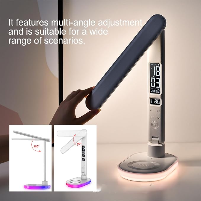 Multi Functional Table Lamp,Multifunctional Foldable Desk Lamp with Wireless Charging, Perpetual Calendar Display, Adjustable Angle, Night Light, and RGB Lighting,U20 White.
