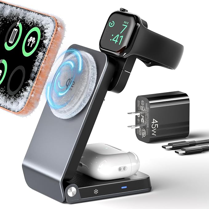 25W Fast Charging Station with Cooling Fan Certified, Wireless Charger 3-in-1 for iPhone 17 promax, Apple Watch, AirPods with MagSafe, Aluminum Alloy Charging Stand with 45W Adapter