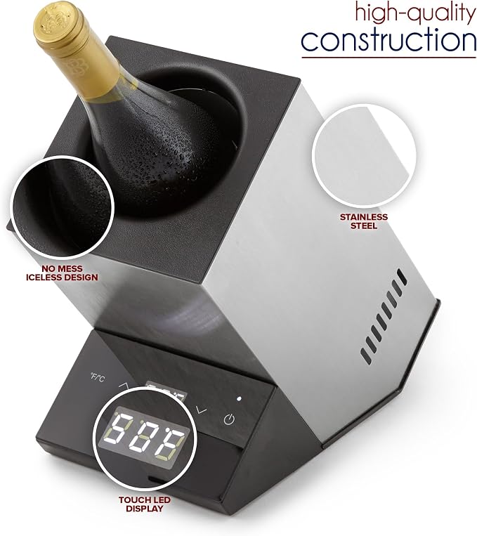 Modern Innovations Electric Wine Chiller, Single Bottle Wine Cooler in Stainless Steel, 750ml Wine Bottle Chiller, Rapid Beverage, Champagne, Drink Chiller, Gifts for the Wine Lover, Wine Coolers