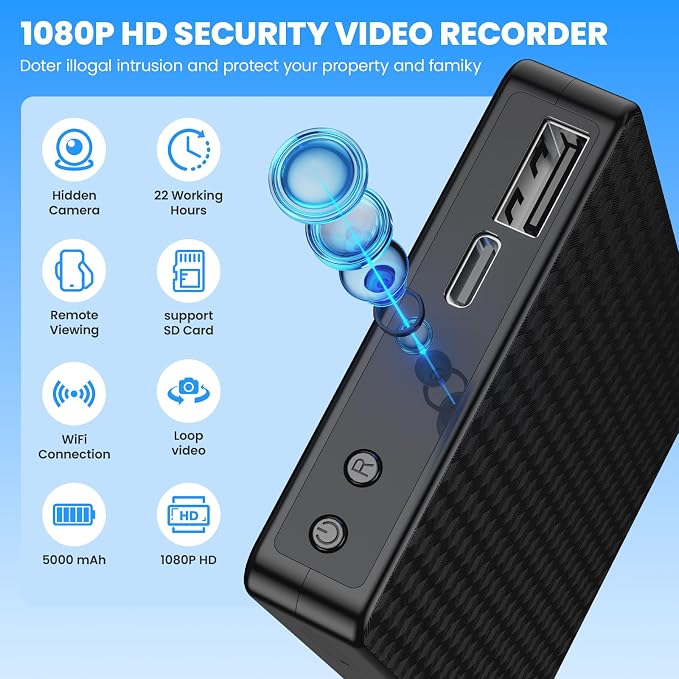 Hidden Camera Portable Charger 2K Full HD Cameras with WiFi and Night Vision 5000mAh Battery Wireless Mini Nanny Cam for Home Security Indoor Motion Detection