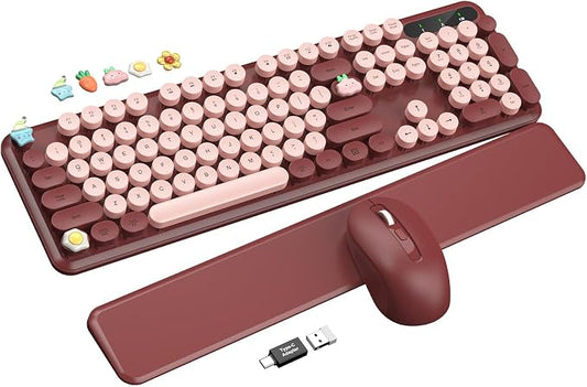 Wireless Keyboard and Mouse Combo - Cute Typewriter Keyboard with Detachable Wrist Rest, Retro Round Keycaps, Foldable Legs, 2.4GHz Full-Size Keyboard for PC, Laptop, Windows - Trueque (Wine Red)