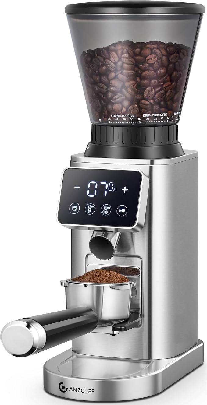 AMZCHEF Conical Burr Coffee Grinder, 48 Grind Settings, Anti-Static Burr Mill with Precision Timer & LED Touchscreen, for Espresso, Drip, Pour Over, Cold Brew & French Press, Stainless Steel, Silver