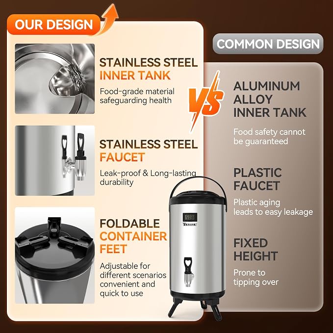 Commercial Insulated Beverage Dispenser with Stand, 2 Gallon Hot Water Dispenser, Hot & Cold Drink Dispenser Temperature Display, for Tea,Coffee(Silver)