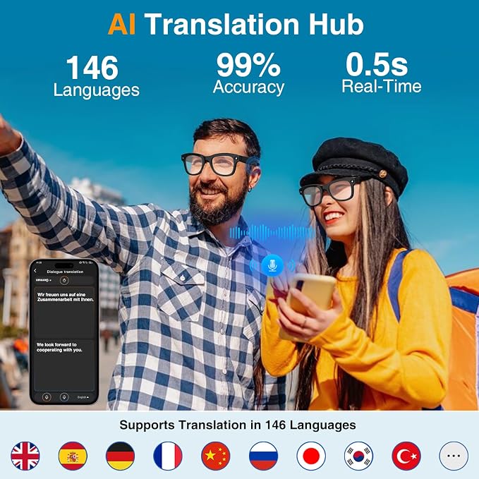 AI Smart Glasses with Camera, 8MP HD Camera & Video Recording Glasses,146 Languages Real-Time Translation,AI Voice Assistant, Object Recognition for Travel, Meetings &Vlog