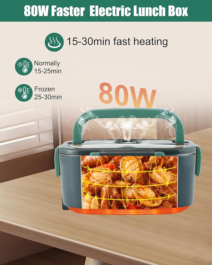 Buddew Electric Heated Lunch Box, 80W Fast Heating with Dual 1.5L Food-Grade 304 Stainless Steel, 12V/24V/110V Portable Food Warmer for Car Truck Office Adults, Lonchera Electrica Portatil (Green)