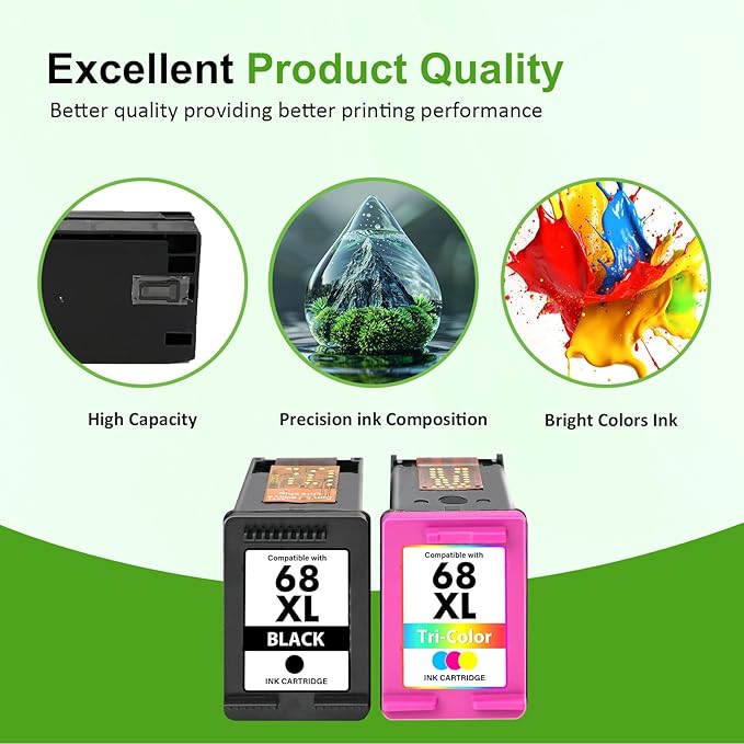 68 68XL Ink Cartridges Black/Color Combo Pack for HP68XL 6155e 6555e Printers Envy 6100e 6500e Series 68e 68 XL Compatible for HP 6155e 6555e 6152e 6552e 6558e 6165e (2 Pack Black Tri-Color)