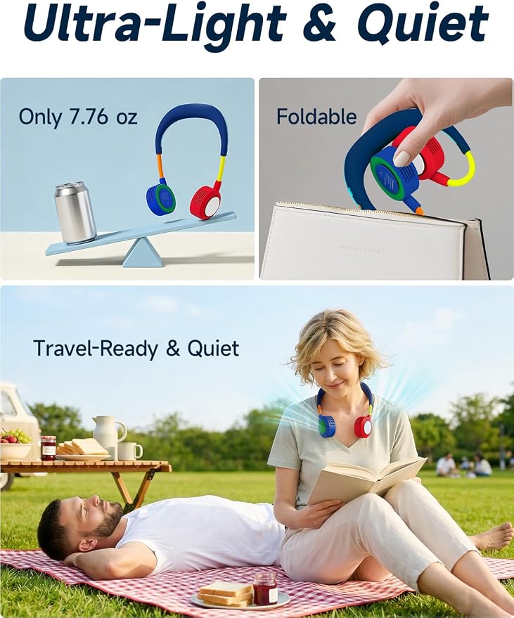 Portable Neck Fan - Hands Free Personal Face Fan, 5 Speeds Rechargeable Wearable Cooling Fan, Flexible Foldable Small Thin Quiet Neck Cooler for Travel, Work, Hot Flashes (Dark Blue Red)