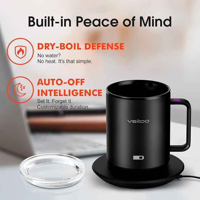 Vsitoo S3 12oz Heated Espresso Mug, Smart Self Heating Coffee Mug for Espresso Lovers, AI Auto-Sensing Temperature Control 120-150℉, Rechargeable Mug Warmer, 316 SS IPX7, Gift for Women Men, Black