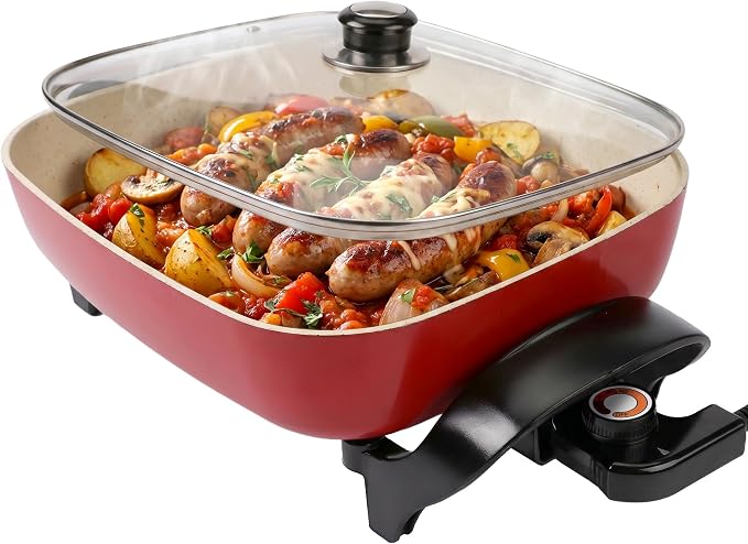 15'' Ceramic Nonstick Electric Skillet with Tempered Vented Glass Lid,Thermostat Control to Prevent Overheating,Removable Easy-to-Clean,Vibrant Red