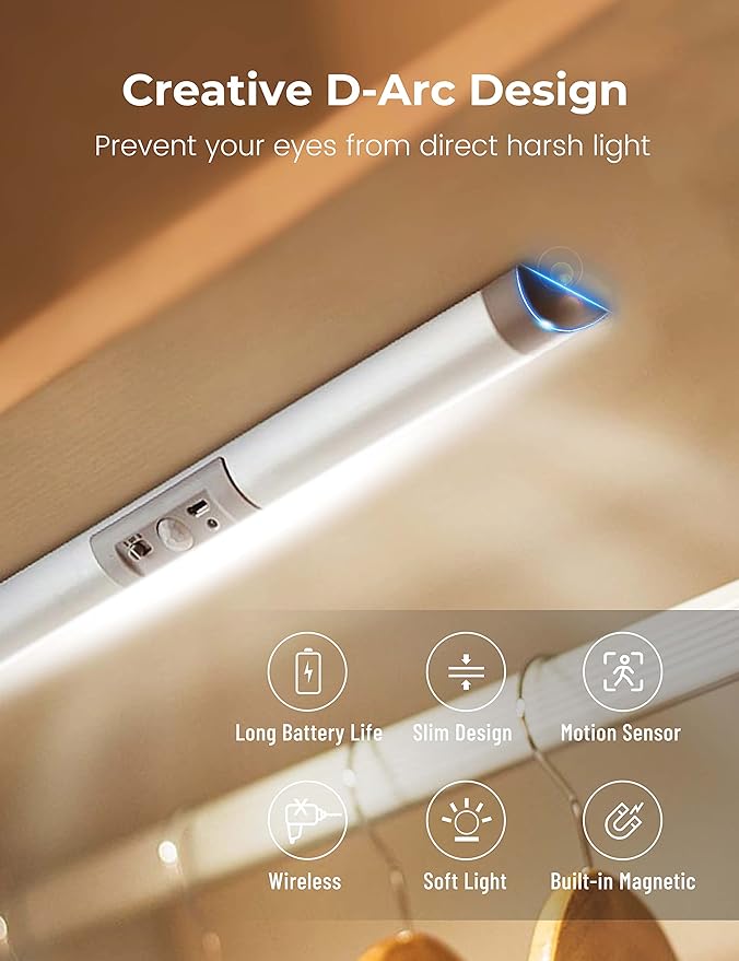 Joyzy 3 Pack Automatic Motion Sensor Closet Lights with Eye-Protection Design, LED Under Cabinet Wireless Lighting, Rechargeable Closet Lightings for Wardrobe Pantry Light
