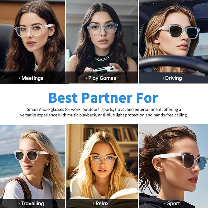 Smart Glasses for Women Men, Bluetooth Audio Glasses with Color-Changing Lenses, Open Ear Sound Speakers, Magnetic Charging, Voice Assistant, Music/Calls, Blue Light Glasses for Working Travel (Clear)