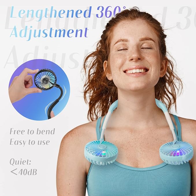 VAGAU Portable Cooling Neck Fan, Rechargeable USB Personal Neck Fan with Colorful LED lights, 360° Rotation for Office Travel Sport, 3 Adjustable Speeds（Blue）