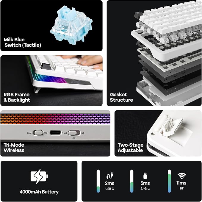 EPOMAKER TH85 QMK/VIA Wireless Gaming Keyboard, BT5.0/2.4GHz/USB-C, Hot Swappable Pre-lubed Custom Milk Blue Tactile Switches, Gasket Creamy Keyboard for PC/Mac/Office/Gaming (White)