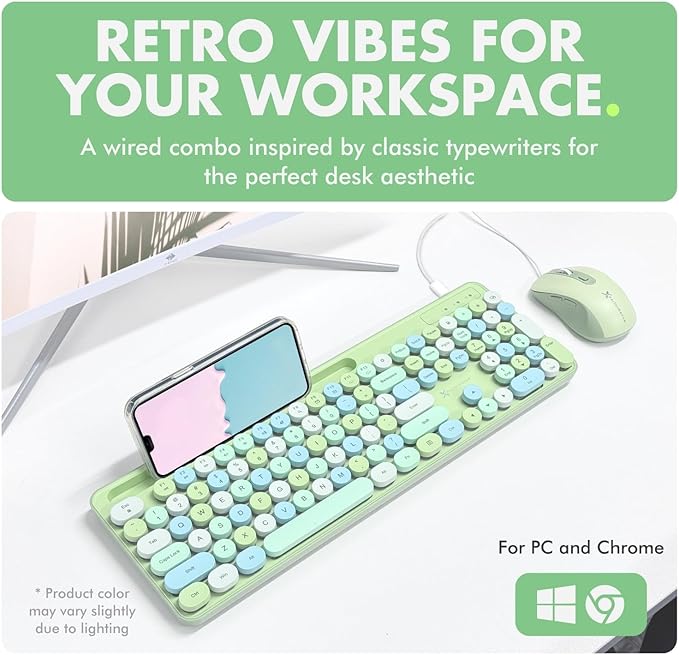 X9 Wired Keyboard and Mouse Combo - Retro Typewriter Keyboard with Round Keycaps, Soft White Backlight, Phone Dock, 109 Full-Size Keys, Cute Wired Green Keyboard and Mouse for Laptop, PC & Chromebook