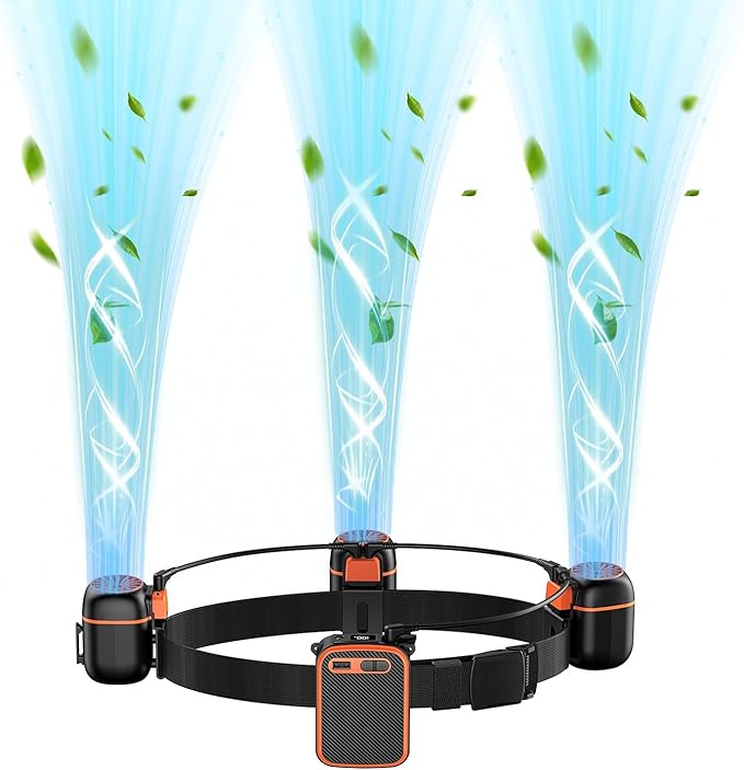 Portable Waist Fan with 3 Small Fans for 10 times Strong Wind & Wide Cooling Area 10000mAh Battery Over 24H Working Time Hands-Free Fan with Belt for Outdoor, Sports, Travel (Black Orange)