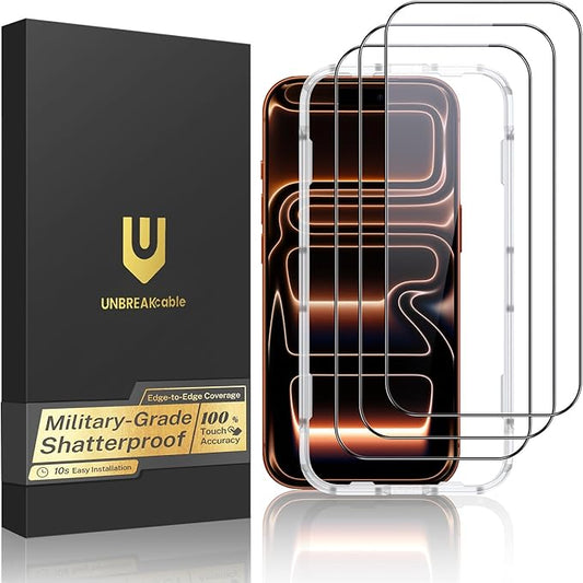 UNBREAKcable for iPhone 17 Pro Max Screen Protector, 3-Pack Full Coverage Tempered Glass [Military Grade Shatterproof] [9H Hardness] [Easy Installation] [Bubble Free] for iPhone 17 Pro Max 6.9"