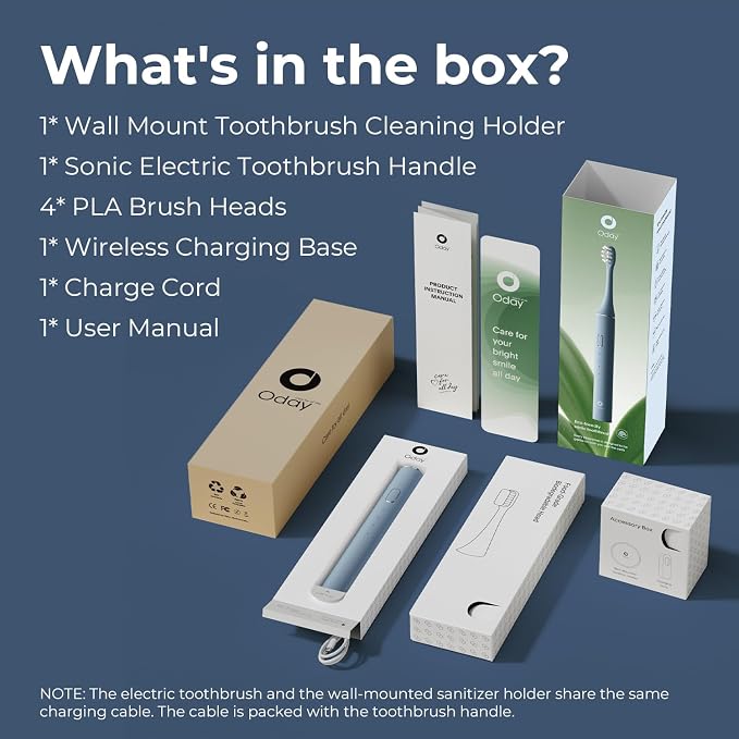 Oday Sonic Electric Toothbrush for Adults with Wall Mounted Toothbrush Sanitizer Holder and 4 Brush Heads, Smart Timer, Wireless Charging, IPX7 Waterproof, 1 Month+ Battery, Blue