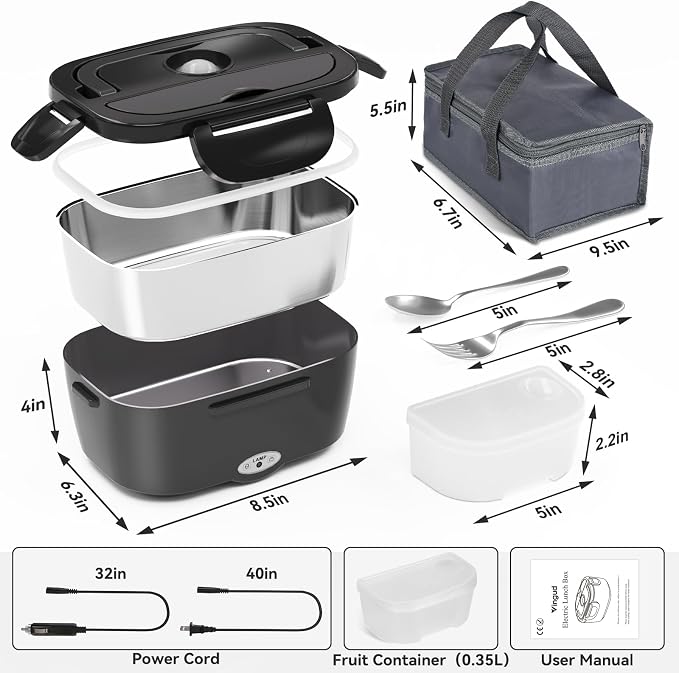 Vingud Electric Lunch Box for Adults, Heated Lunch Box Food Warmer, 80W Portable Heating Lunchbox for Men/Car/Truck with 1.5L Stainless Steel Container, 12V/24V/110V Lonchera Eléctrica Portátil Gift