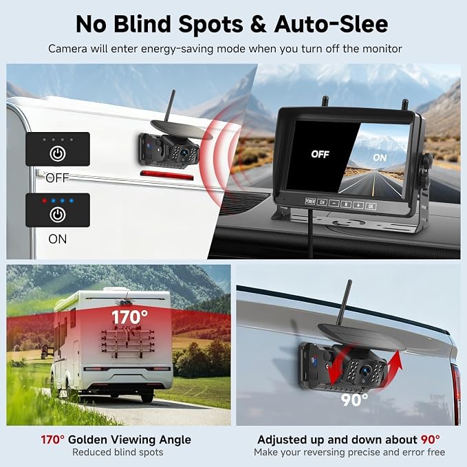 Dual Wireless Magnetic Backup Camera with 7” 1080P HD 4CH Monitor | Solar 15000mAh Rechargeable Night Vision Rear Camera, DVR Loop Recording Waterproof No Delay for Truck RV Camper Trailer Boat