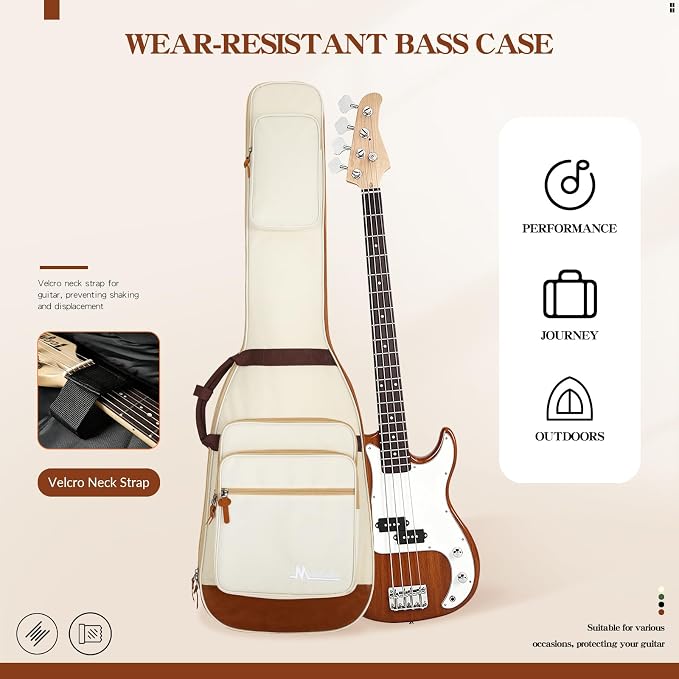 Bass Guitar Bag 0.5 Inch Padding Bass Guitar Case, Bass Electric Guitar Gig Bag Backpack with Neck Strap and 4 Pockets, White