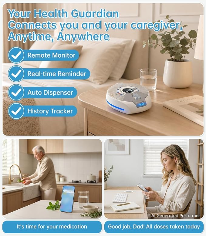 Wi-Fi Automatic Pill Dispenser Smart Medication Assistant for Seniors & Caregivers with 21 Individual Pods, Alarms & Sound Light Reminders, Remote Monitoring & Tracks Adherence History, Key Lock