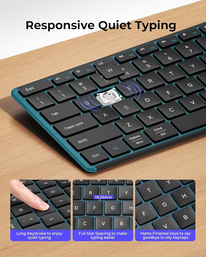 seenda Wireless Bluetooth Keyboard and Mouse Combo, SKM64-3 Rechargeable Slim Quiet Keyboard Mouse, 3 Multi-Device Connection, Compatible for Windows 11/10 PC Laptop Mac MacBook iPad, Black Blue