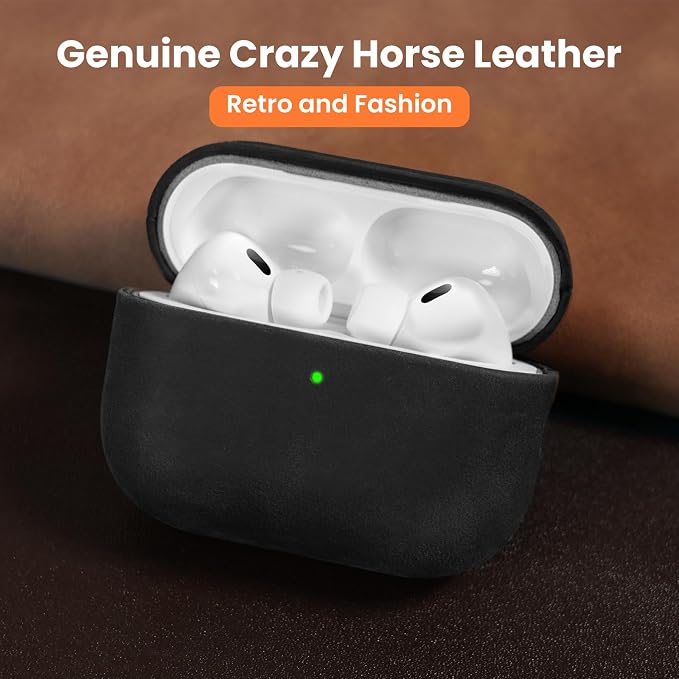 for AirPods Pro 2 Case Crazy Horse Leather, Handcrafted Vintage Genuine Leather Shockproof Protective Cover Accessories with Lanyard Compatible with AirPods Pro 2nd/1st Generation