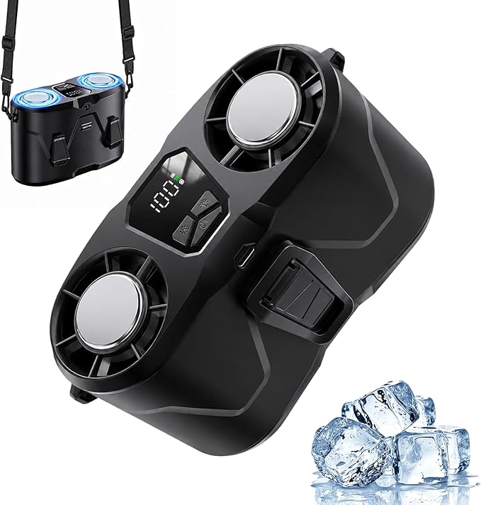 Rechargeable Waist Fan with Ice Cooling, High-Speed Neck Belt Clip-on Fan with 10 Gears, LED Display & Flashlight, Hands-Free Personal Fan for Work Outdoor Travel, Black