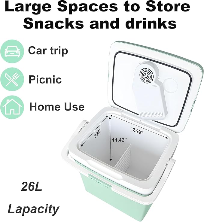 Iceblue Electric Cooler, 26 Liters/28 Cans Mini Fridge with Automatic Locking Handle, 120V AC Home Power Cord & 12V Car Adapter Car Refrigerator, Car Fridge for Home, Car, Gift (Green)
