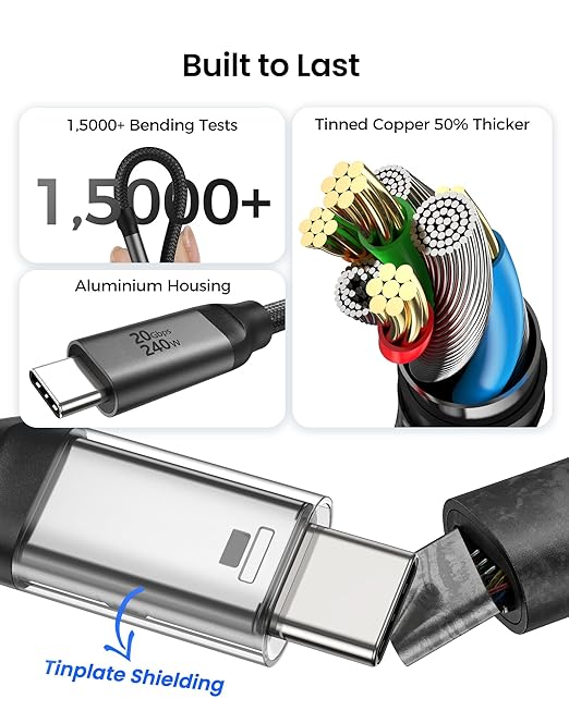 Silkland USB C Monitor Cable Right Angle 10FT, 8K@30Hz 5K/4K@60Hz Display, 20Gbps Data Transfer, 90 Degree USB C 3.2 Gen 2x2 Video Cable, 240W Charging for iPhone 17,MacBook, Portable Monitor, Carplay