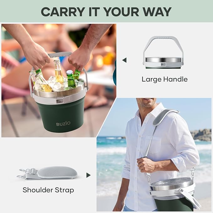 BUZIO 7 L Ice Bucket with Lid and Scoop & Tongs, Vacuum Insulated Stainless Steel Ice Buckets with Handle and Adjustable Shoulder Strap, Large Beverage Bucket for Cocktail Bar Champagne, Green