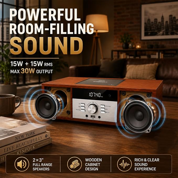 Nostalgic Bluetooth Stereo System for Home, WISCENT Vintage Micro HiFi Systems CD Player,with Bluetooth Audio Streaming,FM Radio,USB Port,Aux-in,Earphone Port (Brown)
