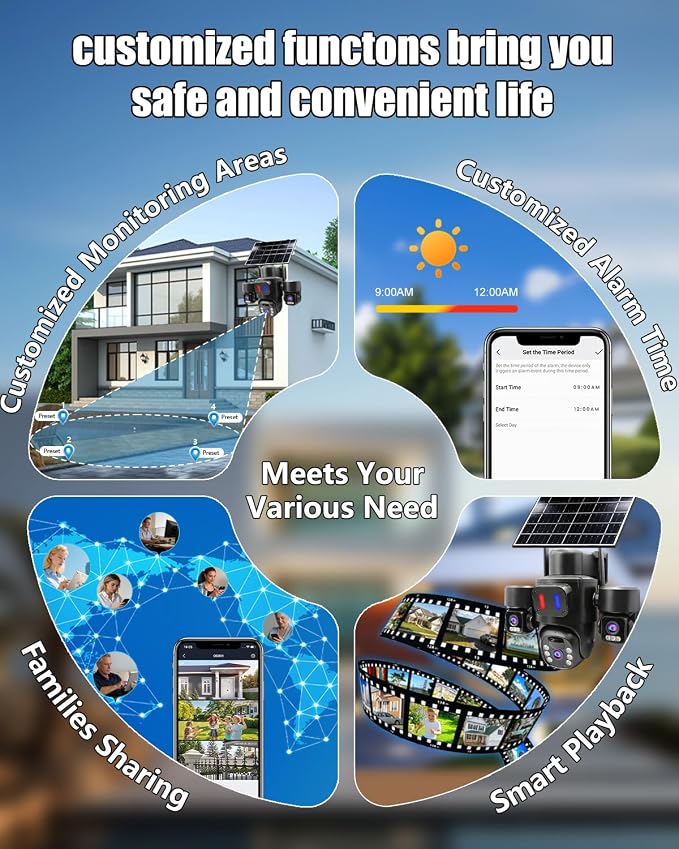 Triple-Lens Solar Security Camera Wireless for Outdoor Use | Triple-Lens Linkage PTZ 360º Coverage, Color Night Vision, PIR Motion Detection,Two-Way Audio, No Subscription Fee