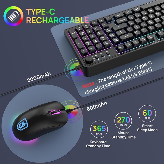 KOLMAX BT98 Wireless Keyboard and Mouse Combo,Triple Mode 2.4G/Wired/Bluetooth Gaming Keyboard and Mouse,Rechargeable Ergonomic RGB Backlit Light Up Keyboard Mouse with Knob for PC/Mac/Tablet