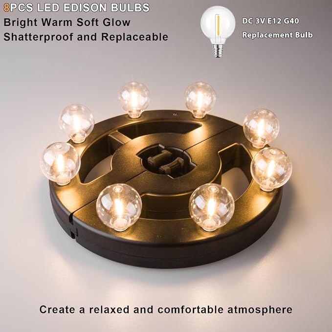Umbrella Lights Outdoor Patio, Rechargeable Cordless with Dimmer &Timer, 8 Bright Warm White LED Bulbs Perfect for Garden, Backyard, Camping, BBQ or Indoor Use