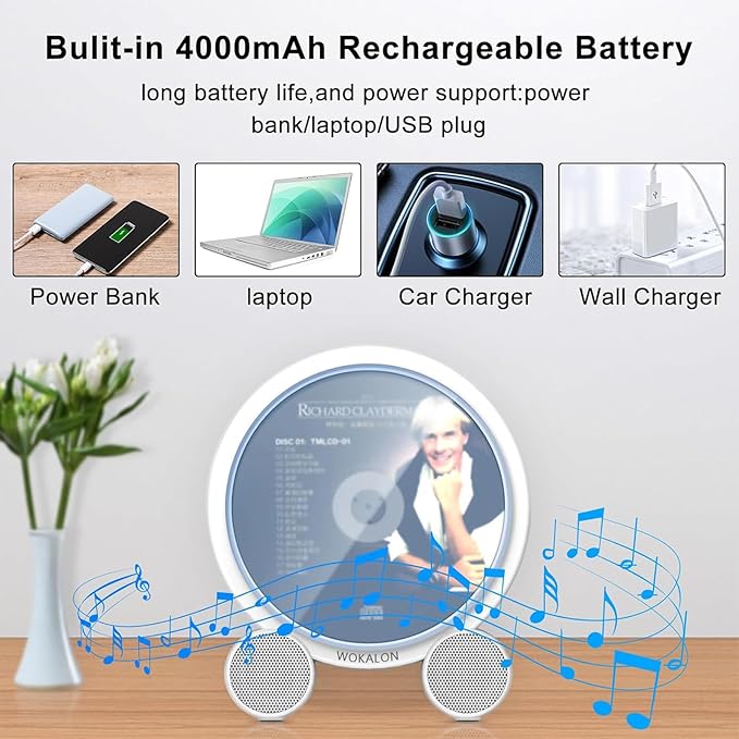 WOKALON Desktop Vertical CD Player Portable with Bluetooth for Home with LCD Screen Display Built in HiFi Speakers Support Timed Music ON/Off FM USB SD
