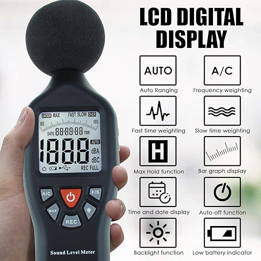 Decibel Meter Sound Level Meter Data Logger with CD Software Audio Decibel Noise Measure Tester 30 – 130 dB Audio Noise Measuring Range with Backlit LCD Display, Data Record Function
