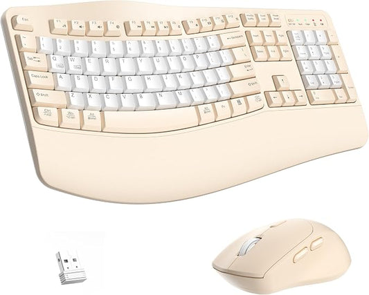 Ergonomic Wireless Keyboard and Mouse Combo, Wave Keys Keyboard with Wrist Rest for Natural Typing, 3 DPI Adjustable Ergonomic Silent Mouse for Computer/Laptop/Windows/Mac (Latte Color-B)