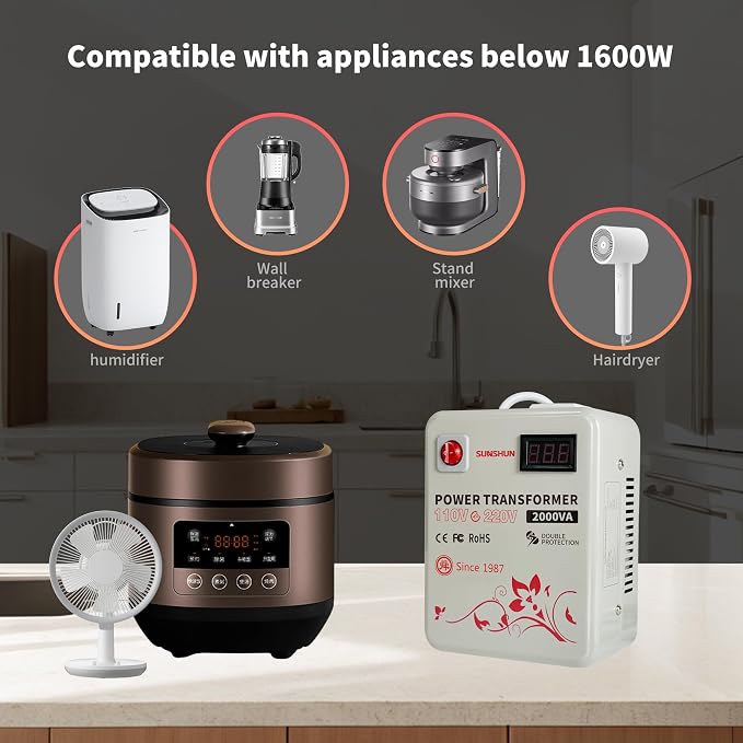 SUNSHUN 110v to 220v Converter, 2000W Step Up Transformer 110v to 220v with Voltage Display for 220/240 Volt European Asian Appliances Used in US