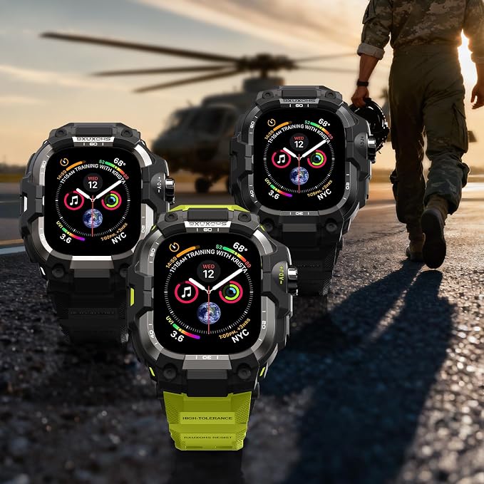 BXUXOHS Rugged Case and Band for Apple Watch 45mm Men, Compatible with Apple Watch Series 9/8/7, Military Grade Shockproof Bumper Cover, Tactical Band Case for iWatch 9/8/7 Man, Green