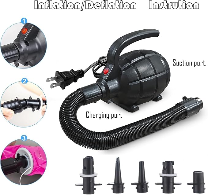 Electric Air Pump for Inflatables, Quick Fill Inflator/Deflator, 5 Nozzles,110-120V AC, 600W