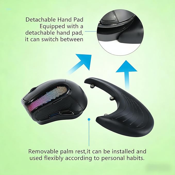 Ergonomic mouse, Wireless Vertical mouse, RGB Light ,Human Engineering, Gaming, 6 buttons, 2.4G ,800/1200/1600/3200 DPI, rechargeable, Mute, Detachable hand pads, Mac/Windows/IOS/ PC Compatible