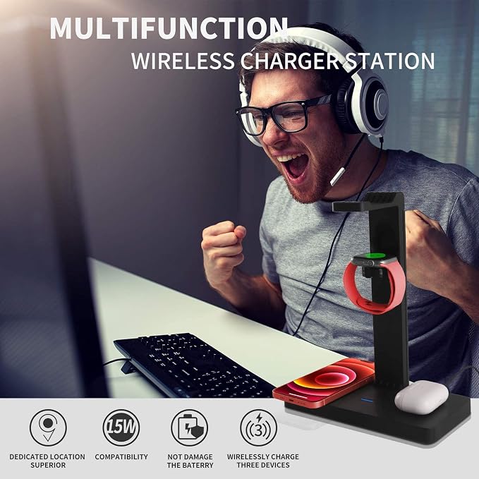 Headphone Stand Headset Holder with Wireless Charger, 4 in 1 Fast Wireless Charging Station for Apple Watch,Air Pods Pro/2, iPhone13/12/11/X, Earphone Hanger with 2 USB-C Ports for Desktop Gamer Room
