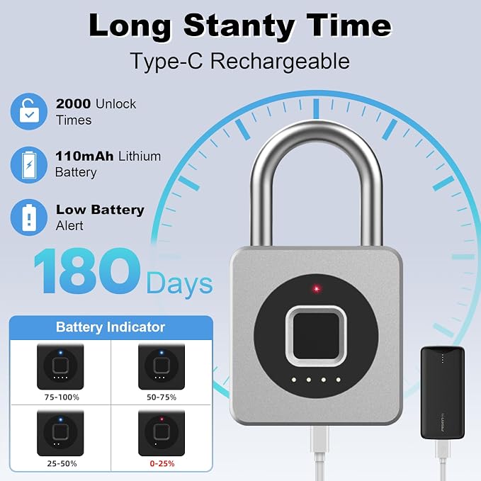 eLinkSmart Gym Locker Padlock - Fingerprint Mobile APP Unlock Remote Unlock: Waterproof Keyless Biometric Padlock for Gym Locker Field Box Footlocker Tool Box Gun Case Type-C Silver
